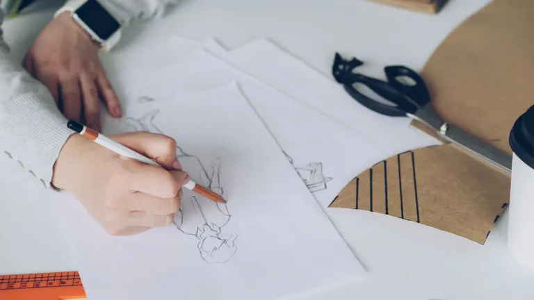 A designer sketching color and pattern concepts by hand at a studio desk, swatches and pencils in view